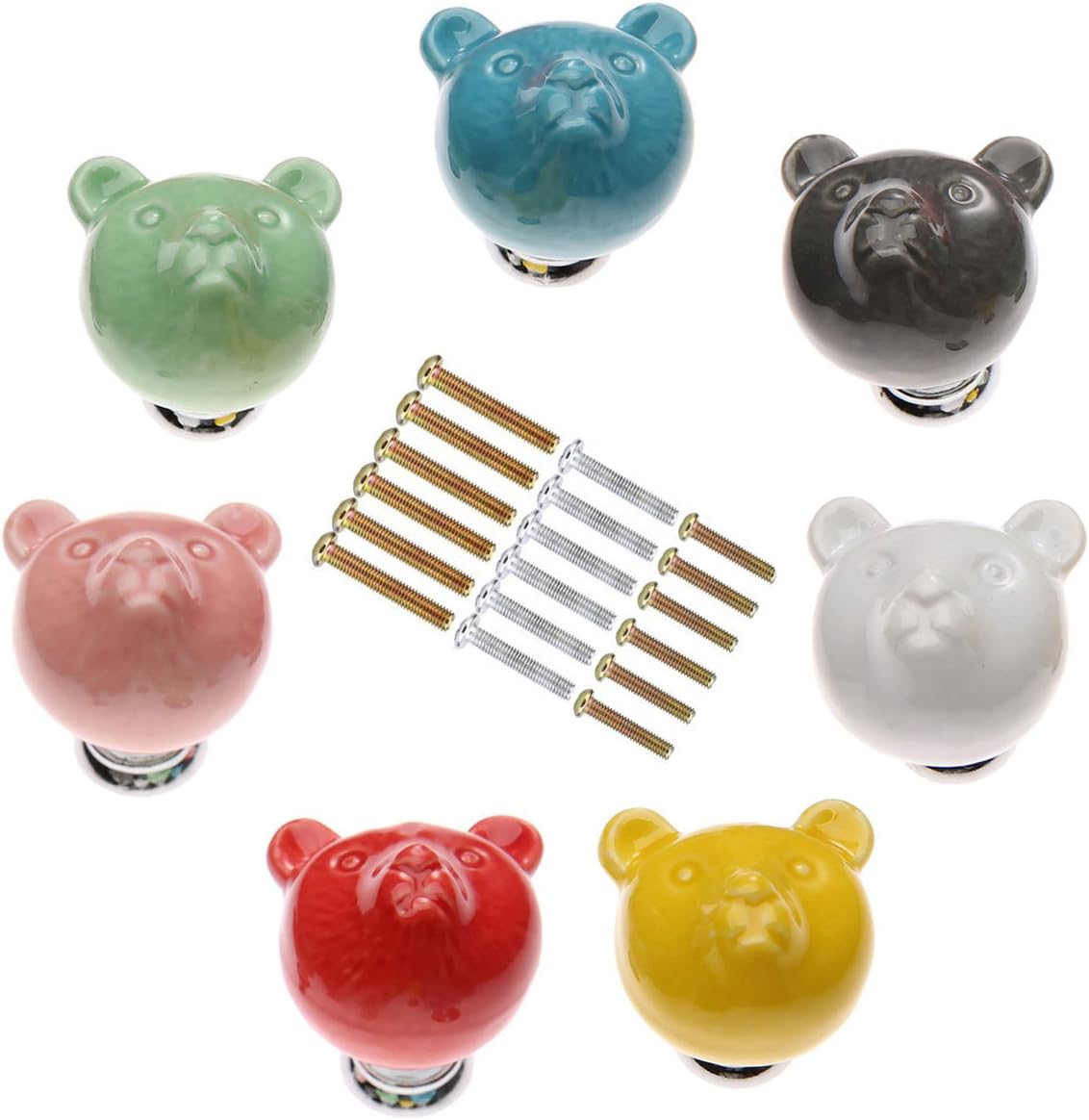 MARSTREE 38mm Bear Ceramic Knobs Drawer Handles Pulls for Wardrobe Cupboard Dresser Cabinet Closet Kitchen Furniture with Screws (Pack of 7, Multicolor)