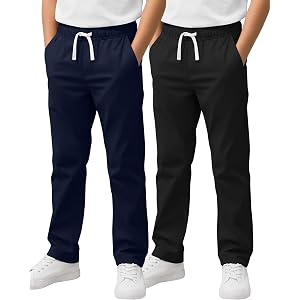 Yooo's Vivi 2 Pack Boys School Uniform Pants | Back to School, Flat Front, Straight Leg, Pull on, with Pockets, Elastic Waist
