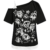 SOLY HUX Women's Gothic Grunge Cold Shoulder Short Sleeve T Shirts 2 in 1 Asymmetrical Tee Tops