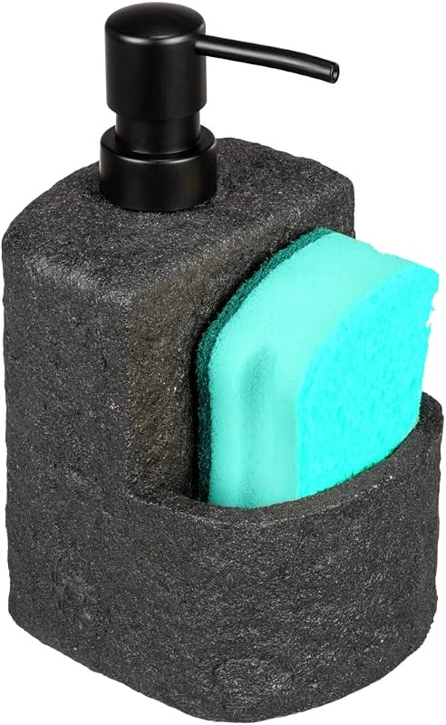 Spülmittelspender Mod. Festival nachfüllbarer Seifenspender Steinoptik für die Küche mit Fach für Spülschwamm 380 ml 10,5 x 18 x 11 cm Schwarz
