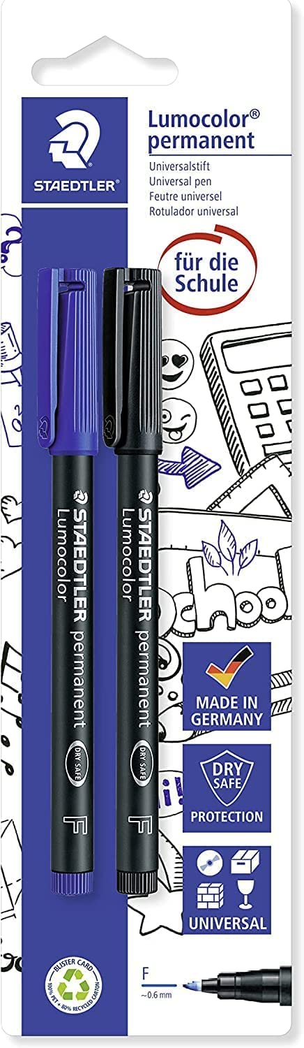 Staedtler Lumocolor Permanent Pen 318ASBK2D Fine 0.6mm Line - Blue/Black (Pack of 2)