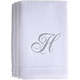 Monogrammed Towels Fingertip, Personalized Gift, 11 x 18 Inches - Set of 4- Silver Embroidered Towel - Extra Absorbent 100% Cotton- Soft Velour Finish - For Bathroom/ Kitchen/ Spa- Initial H (White)