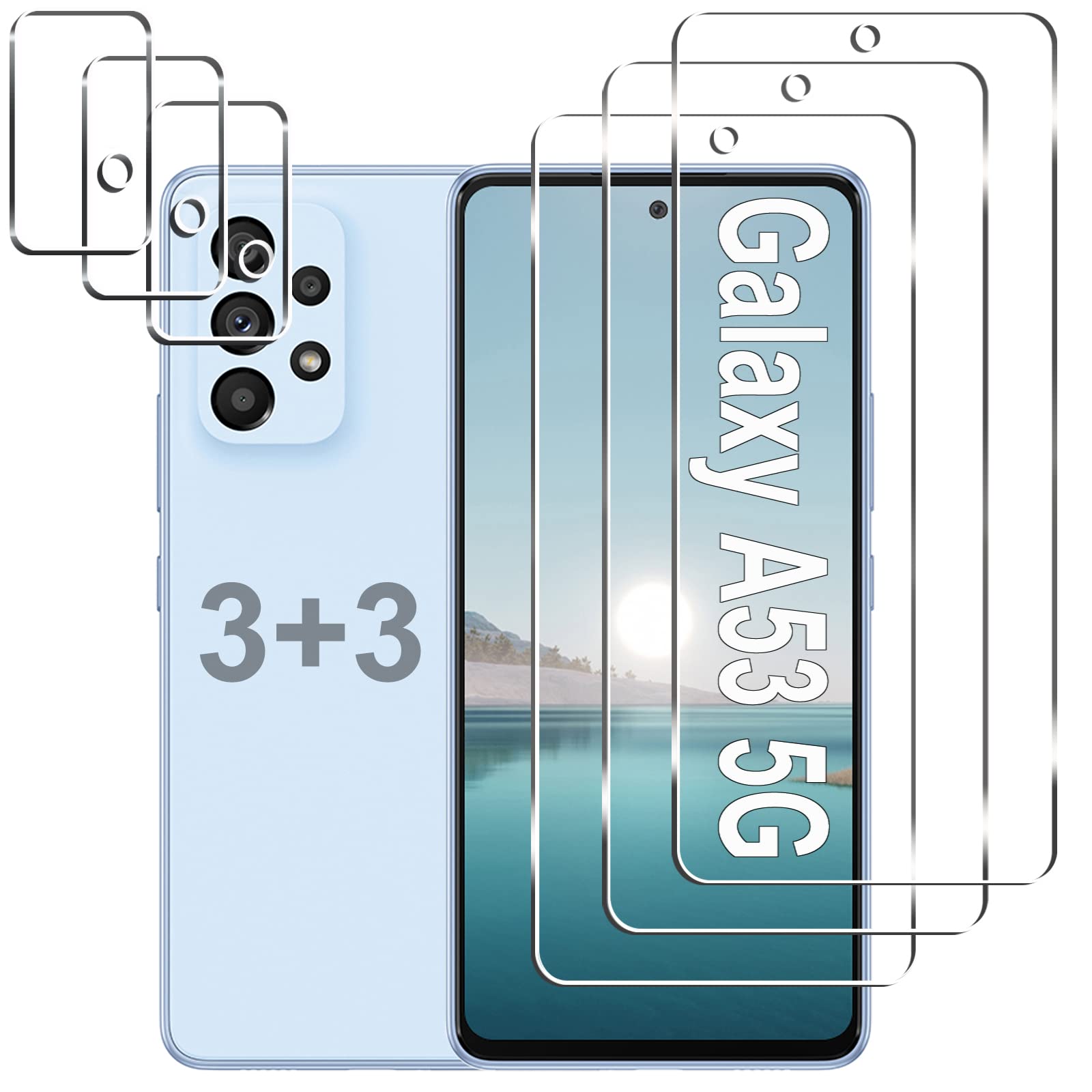 Photo 1 of [3+3 Pack] Galaxy A53 5G Screen Protector + Camera Lens Protector, HD Tempered Glass Film, 9H Hardness, Scratch Resistant, Easy Installation, Bubble Free, Screen Protector for Samsung Galaxy A53 5G