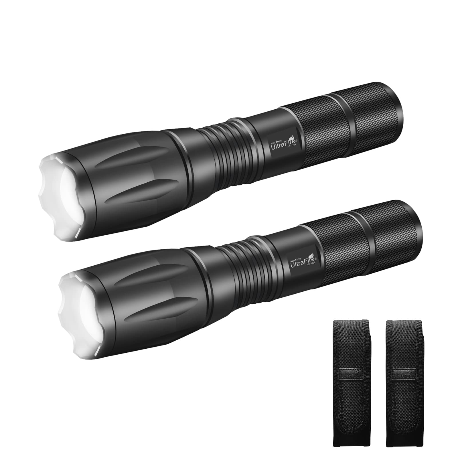ULTRAFIRE 2 Pack Tactical Torch with Holster, 1200 Lumens Zoomable Bright LED Torch, 3 Modes Small EDC Flashlight with Duty Belt Torch Pouch, for Camping, Security, Hiking, Outdoor