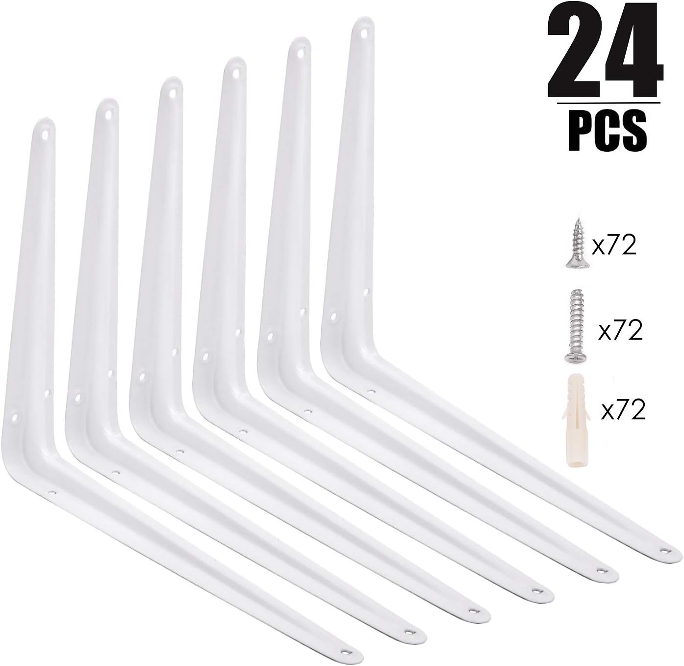 KINJOEK 24 Packs 10 x 8 Inch White Shelf Brackets, Heavy Duty Metal Wall Corner Angle Shelving Shelf Brackets with Screws for Wall Hanging Shelves Decorative Corner Brackets