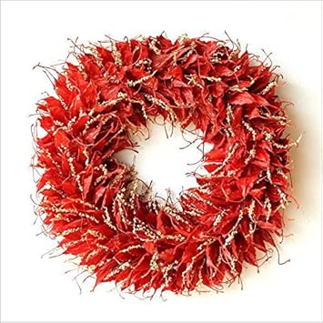 Amazon クリスマスリース 玄関 飾り 葉っぱ 赤 ドライマンゴーリーフ