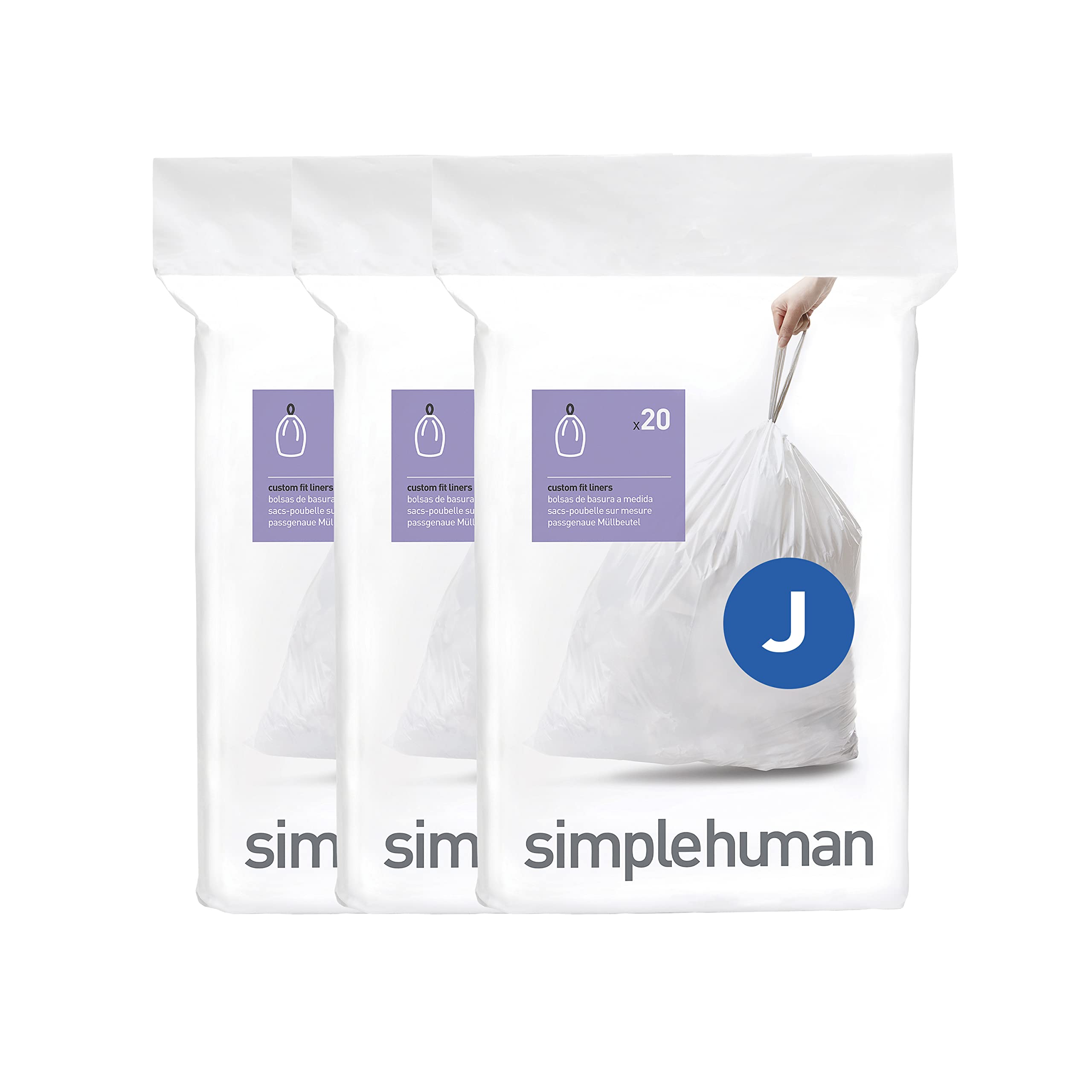 simplehuman CW0259 code J Custom Fit Bin Liner Bulk Pack, White Plastic (3 Pack of 20, Total 60 Liners)