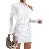 GOBLES Women's Sexy Off The Shoulder Slope Neck Long Sleeve Ruched Bodycon Mini Club Dress