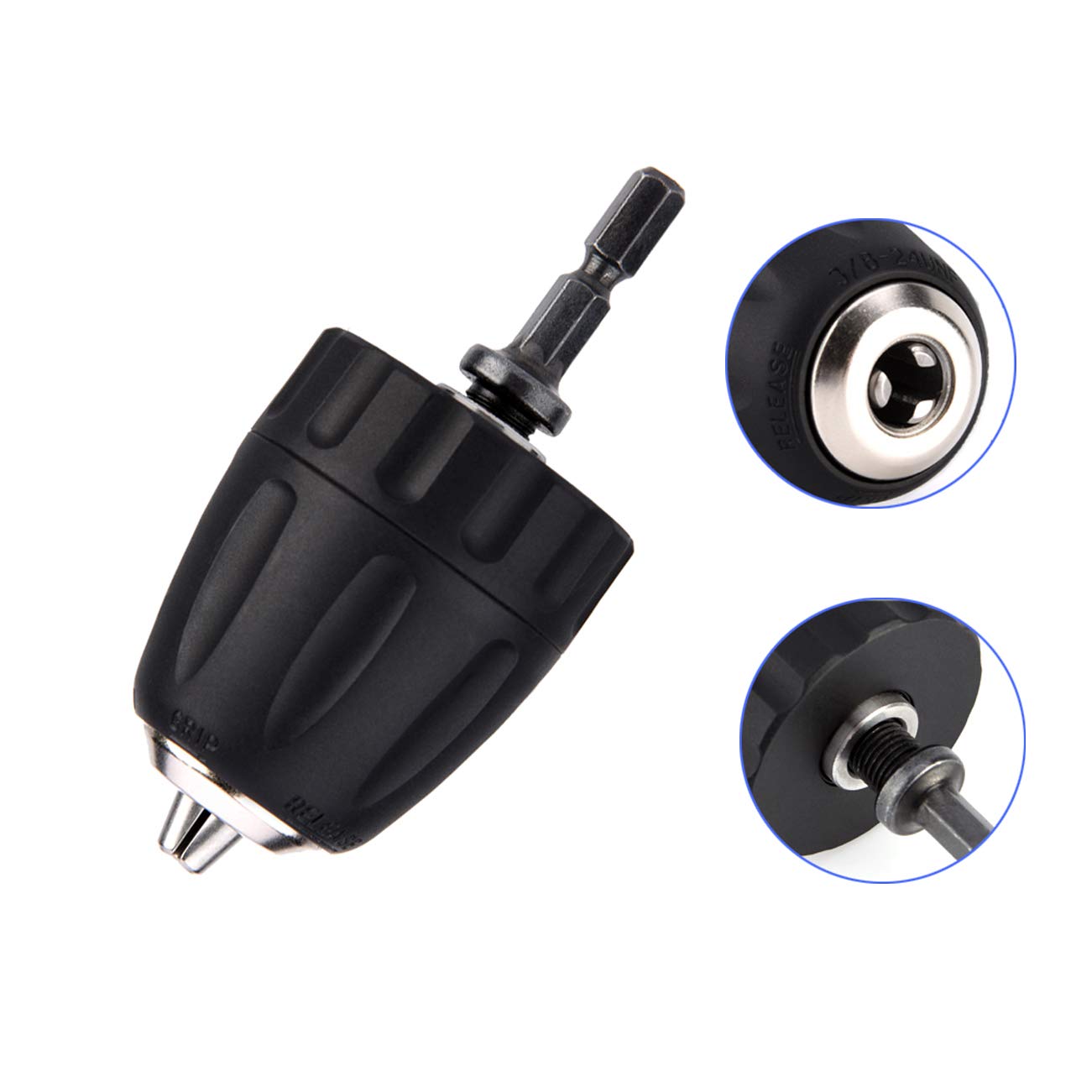 Keyless Adapter Chuck 0.8-10mm Drill Converter 3/8" 24UNF Thread Adapter with 1/4" Hex Shank Black