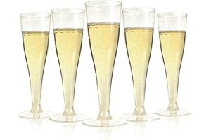 Goodluck 100 Pack Champagne Flutes Plastic, 4.5 oz Gold Glitter Plastic Disposable Stemware, Disposable Champagne Flutes for 