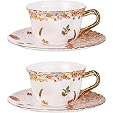 KAMMAK Tea Cups and Saucers Set of 2, Reinforced Porcelain Coffee Cups, 8.5-Ounce Stackable Espresso Mugs, Ceramic Demitasse for Coffee, Cappuccino, Latte, Americano, Tea, Secret Flourish
