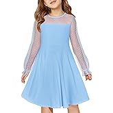 Haloumoning Girls Contrast Mesh Long Sleeve High Waist A Line Short Dress with Pockets 4-14 Years
