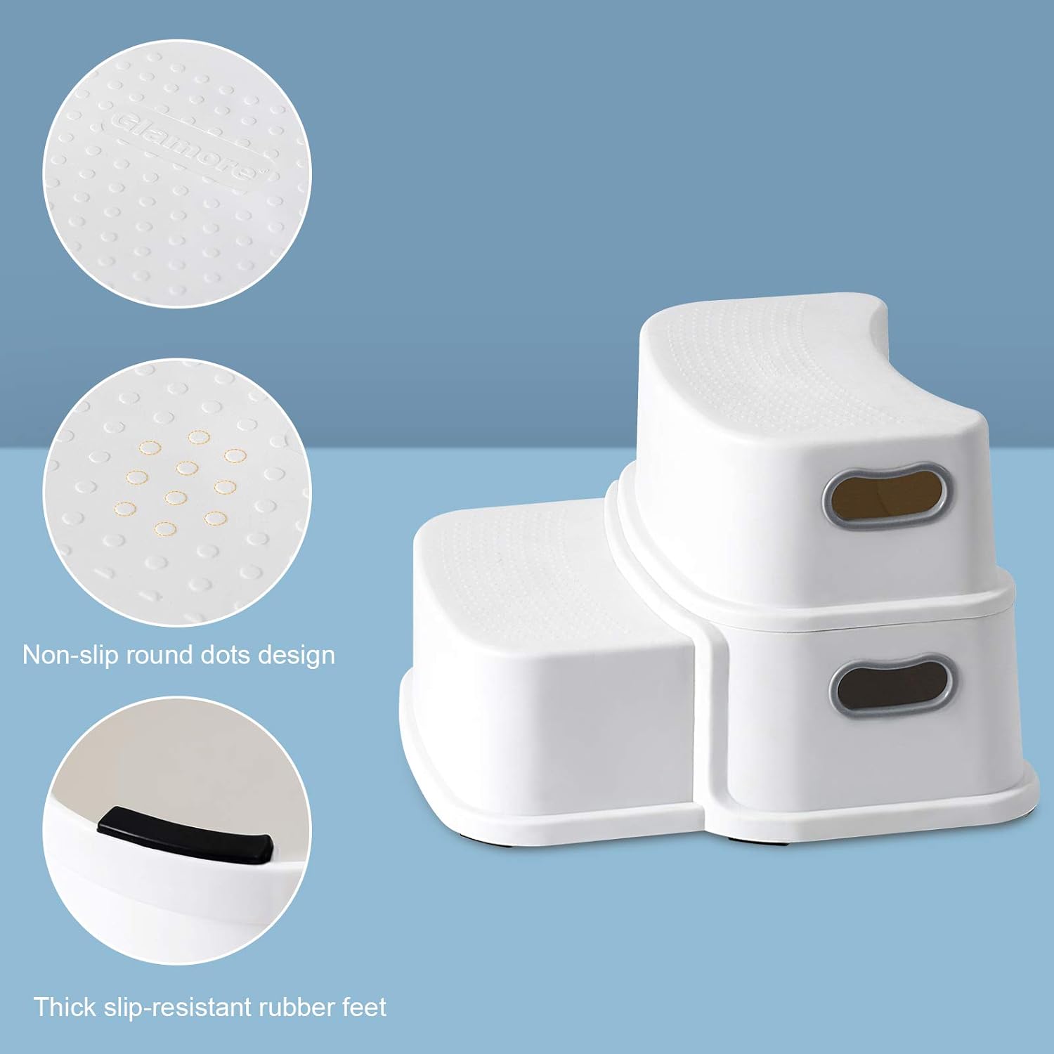 Glamore 2 Step Stool for Kids, Toddler Step Stool, Kids Step Stool for Potty Training, Bathroom Toilet Stool, Slip Resistant, Dual Height 4.5"- 9.4", Dual Width 5"- 6", White 1 Pack : Baby