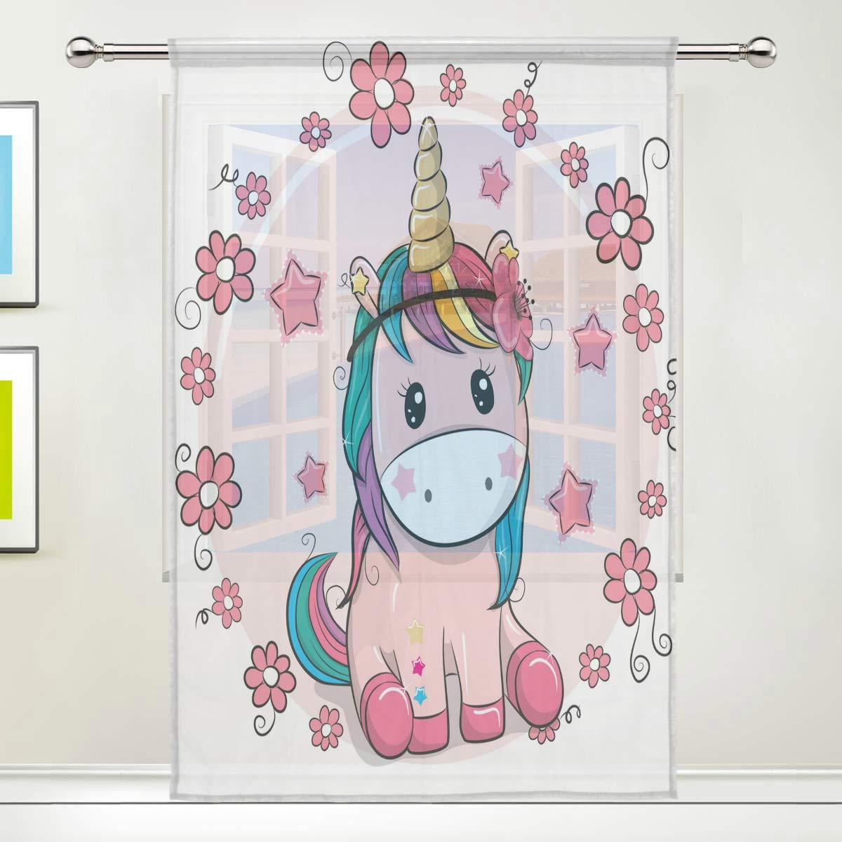 ISAOA Tulle Sheer Curtain,Unicorn With Flowers Window Curtain for Living Room/Bedroom Window Home Fashion & Decoration, Single panel, 52 x 84 Inches