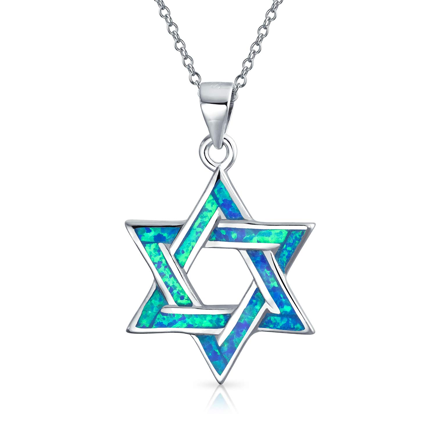 Bling Jewelry Hanukkah Magen Judaic Open Created Blue Opal Star Of David Pendant Necklace For Bat Mitzvah For Women Teens .925 Sterling Silver — image 1