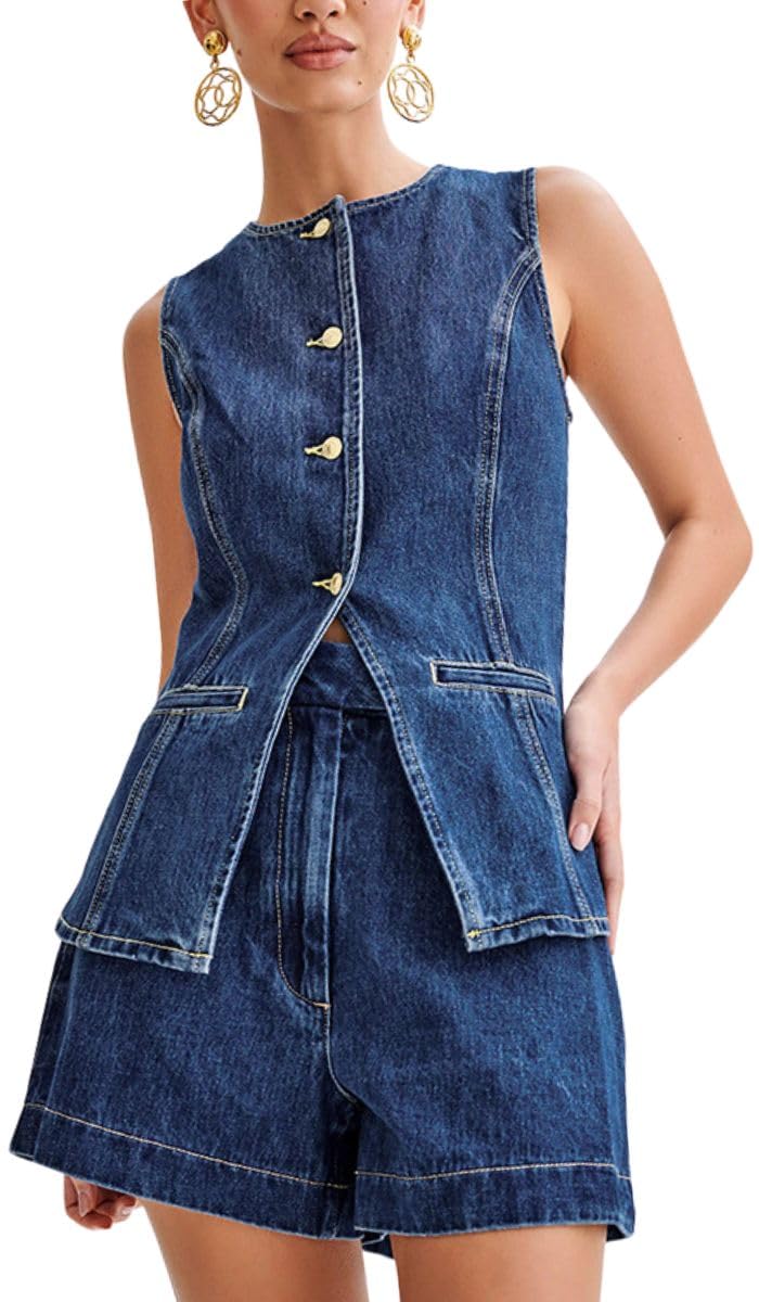 Photo 1 of (BAGGED) (XL) ELFTOWN Women's Denim 2 Piece Outfits Casual Button Down Sleeveless Top Trendy High Waist Jean Shorts (X-Large, Blue-1)