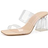 BCTEX COLL Women's Clear Heeled Sandals Transparent Two Strap Square Toe Slip On Chunky Block Heels Dress Shoes, Beige, Black, Nude, Rose Gold