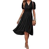 PRETTYGARDEN Women's Floral Wrap V-Neck Midi Dress Short Sleeve Boho Summer Beach Long Dress High Low Hem Smocked Dress Women