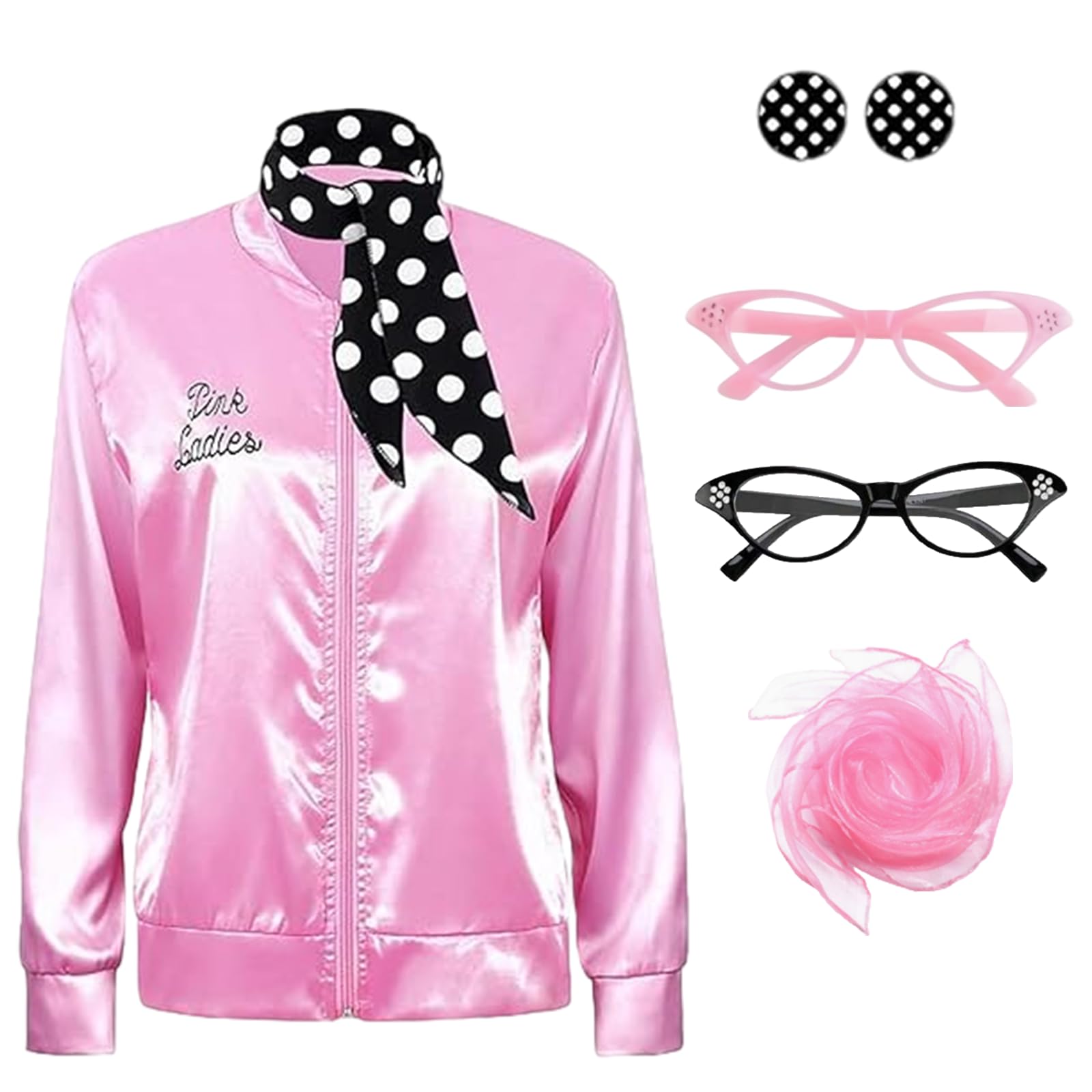GWAWG Pink Ladies Jacket Grease Fancy Dress Women,Lady Jackets Adults with 1950s Accessories,50s Ladys Pink Satin Jacket for for Women Halloween Christmas Carnival, 80s Party (Ladies, L)