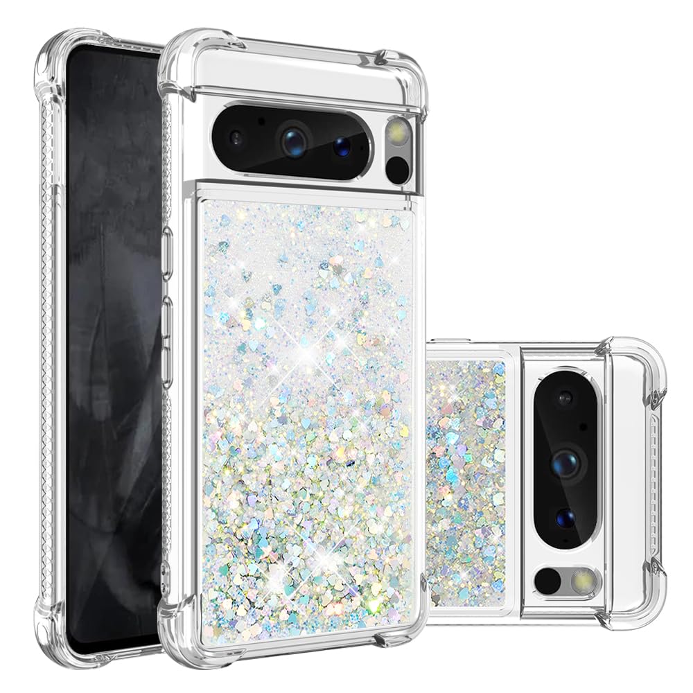 QIWEIQING Clear Case Compatible for Google Pixel 8 Pro Phone Case TPU Cover Glitter Liquid Case for Google Pixel 8 Pro, Lightweight Sequin Back Case for Google Pixel 8 Pro. Silver YBL