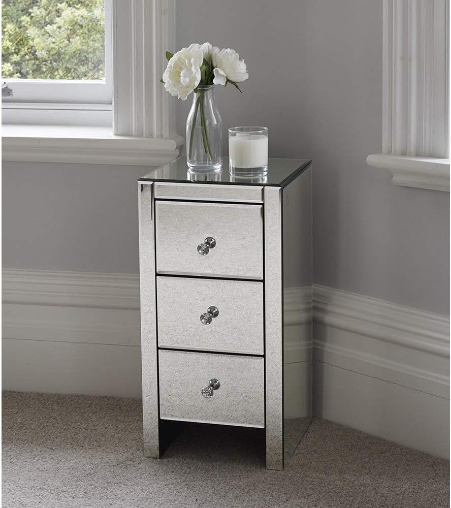 Henf Mirrored Furniture Mirrored Bedside Table 3 Drawer Bedside
