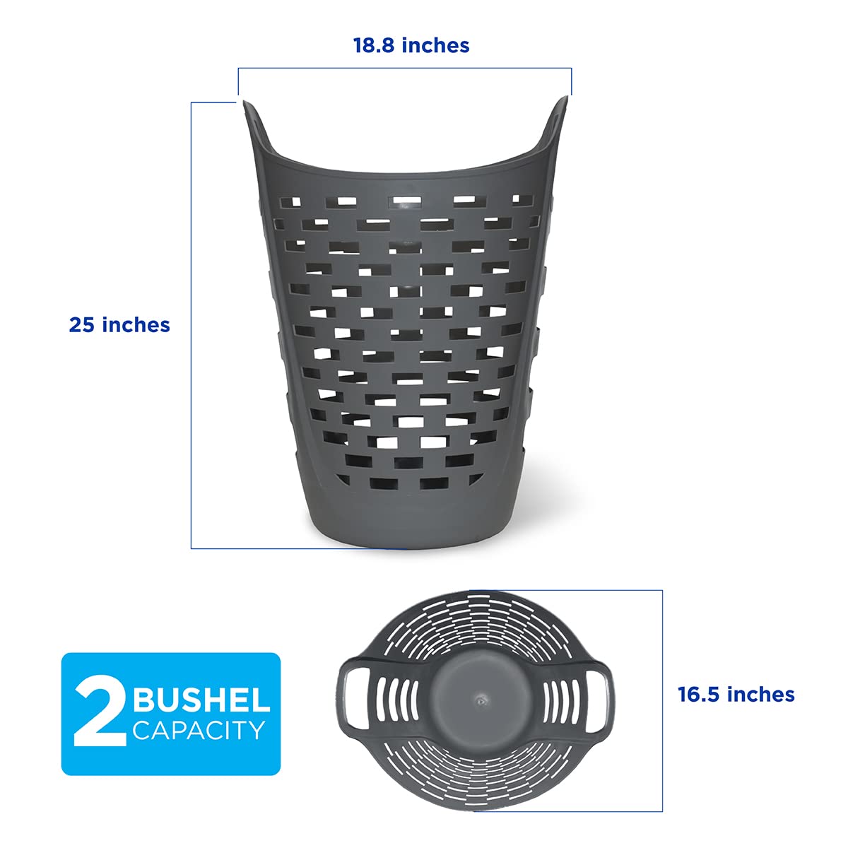 Clorox Flexible Laundry Basket - Tall Plastic Hamper for Clothes, Bedroom, and Storage - Portable Round Bin with Carry Handles, 2 Bushel, Grey