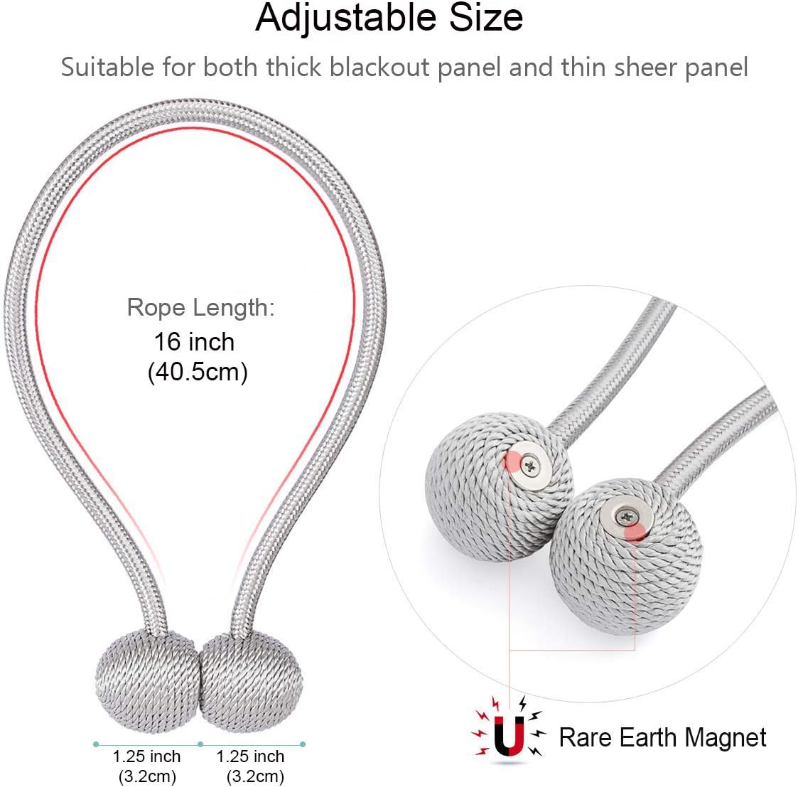 OOTSR Magnetic Curtain Tiebacks (2 Pack) for Window Décor - Weave Rope Clips Drapery Holdbacks Rope Holder for Home Kitchen Office Window Sheer Blackout Drapes (Gray)