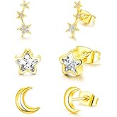 3 Pairs Gold Star Moon Stud Earrings Set for Women Men, Hypoallergenic Trendy Simple Celestial Earrings Jewelry