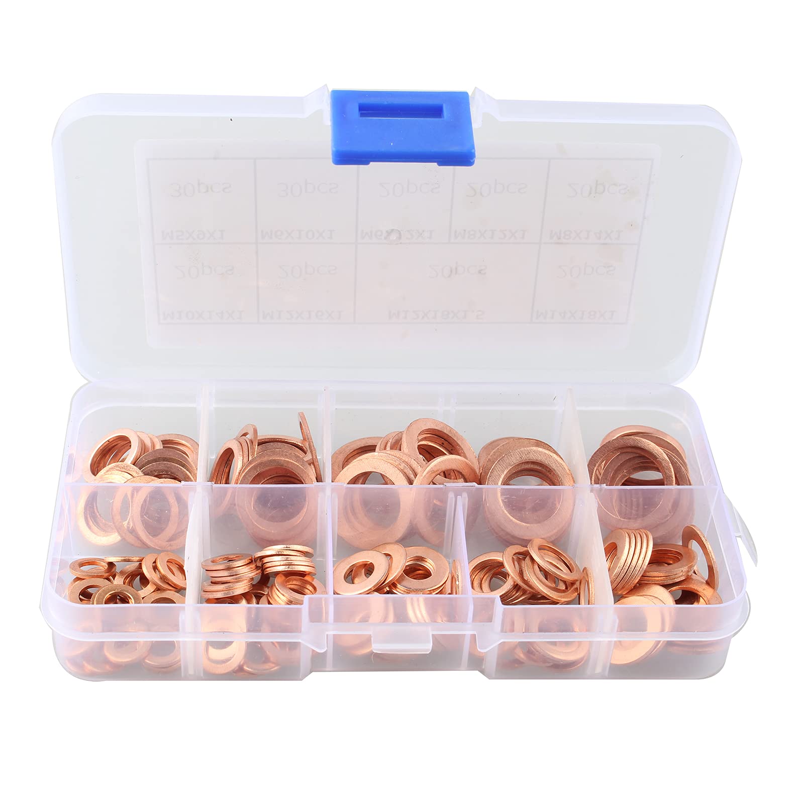 HALJIA 200PCS Copper Washers Set Copper Gasket Sealing Ring Assortment Kit, Flat Washers Kit, 9 Sizes Sealing Ring Washers Assortment Set with Storage Box (M5 M6 M8 M10 M12 M14)