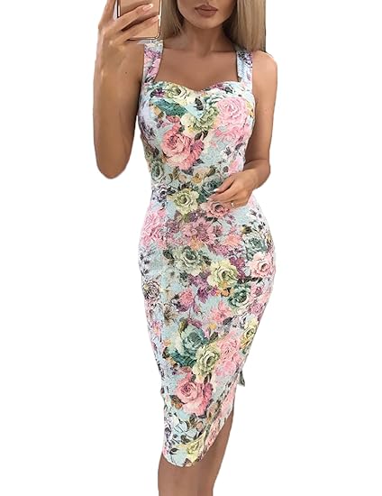 floral print sweetheart neck bodycon dress