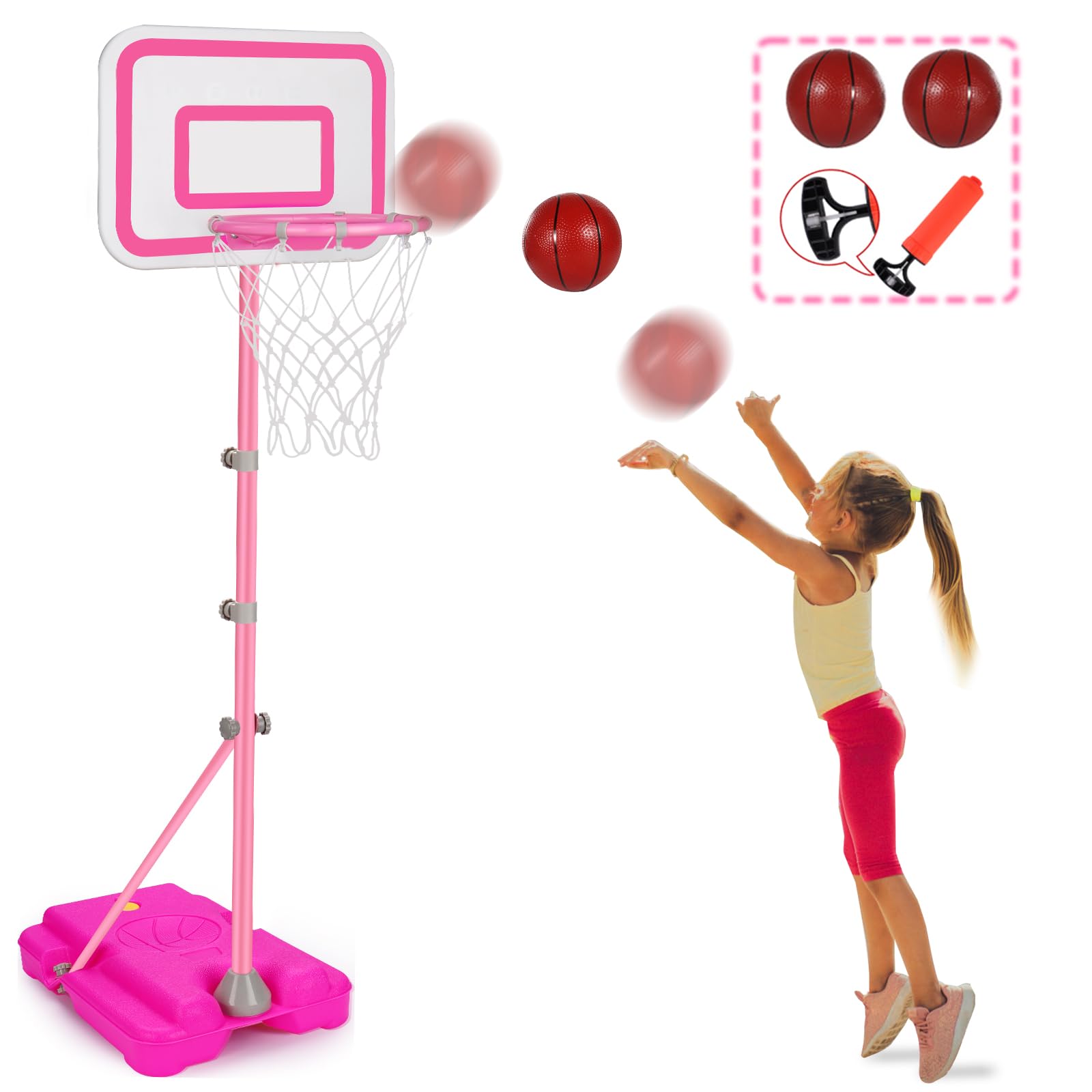 Toddler Basketball Hoop for Girls Pink Basketball Goals Adjustable Height 2.9ft-6.2ft Kids Basketball Hoop Indoor Outdoor Play Outside Backyard Toys for 3 4 5 6 Year Old Girl Birthday Easter Gifts