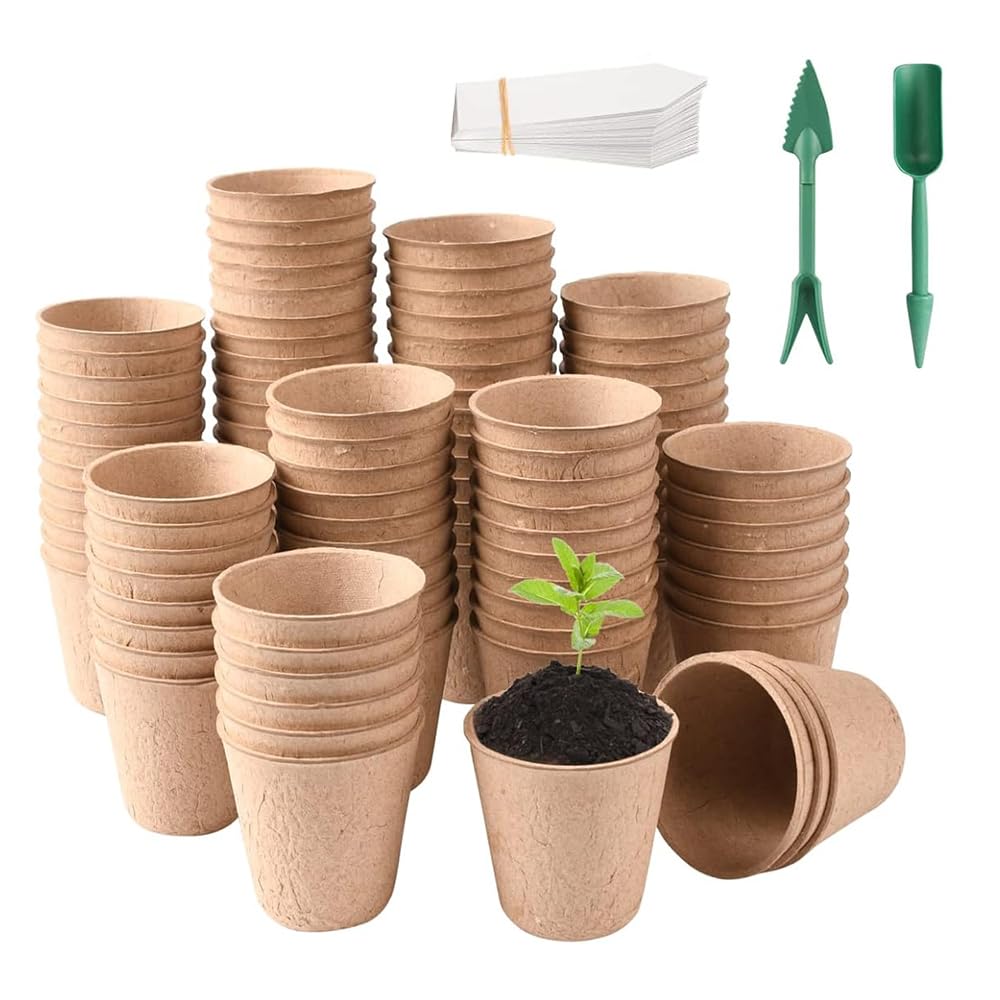 Lotvic 100 Pcs 8cm Fibre Seed Pots, Biodegradable Plant Pots, Seedling Pots with 100Pcs Plastic Plant Labels and Widger & Dibber, Fibre Seed Pots for Seedling Vegetables Succulents Plants Fruit Flower