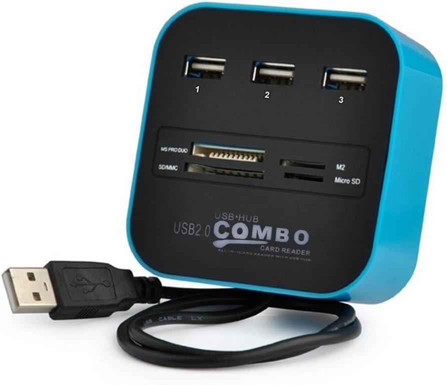Multi-in-1 Card Reader and 3 Ports USB Hub, Feovino External Multi Memory Card Reader for MS/MS PRO Duo, SD/MMC, M2, Micro SD/TF (Blue)