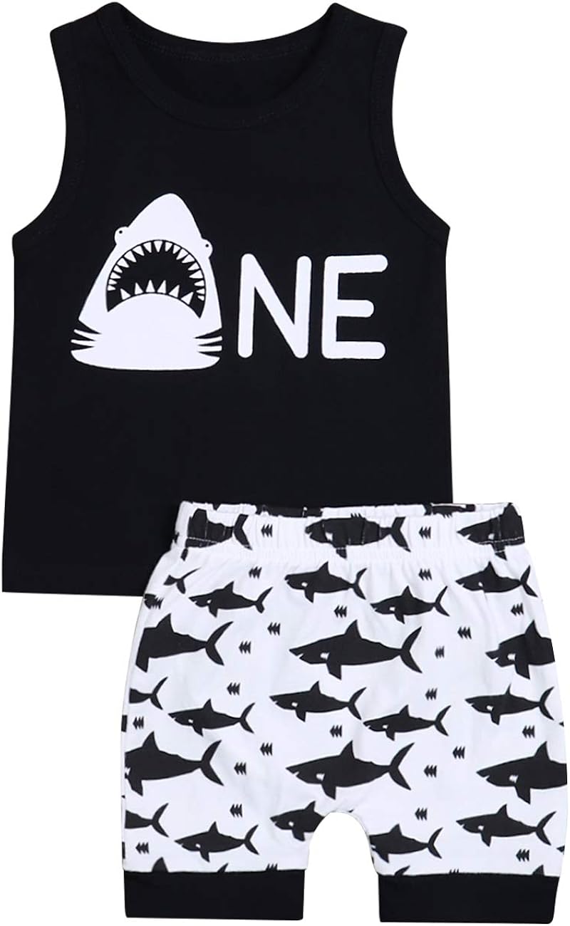 Baby Boy Girl Clothes Shark and Doo Doo Print Summer Cotton Sleeveless Outfits Set Tops and Short Pants