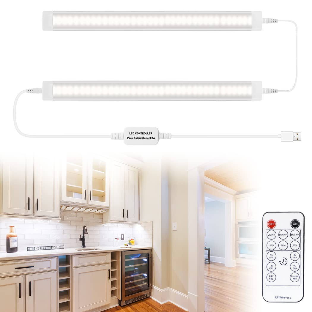 AIBOO Led Under Cupboard Kitchen Lights, Dimmable Bar Cupboard Lights with Remote Control for Wardrobe,Cupboards, Closets, Display Cabinets（Natural White,2 Pack）