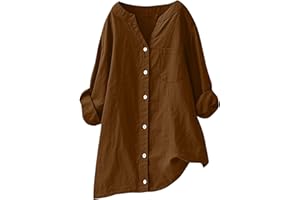 Tunic Tops to Wear with Leggings Casual V Neck Button Down Shirts Loose Long Sleeve Cotton Linen Blouses with Pocket