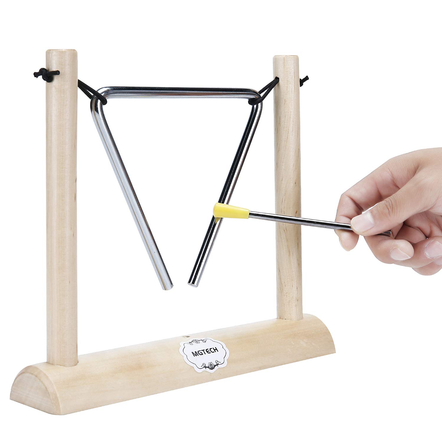 Photo 1 of Musical Steel Triangle Percussion Instrument with Striker and Wooden Stand for Kids, Teachers' Classroom Reminder Bell