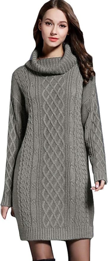 Amazon Co Jp Taotech ワンピース ニット レディース 秋冬 ニットワンピース ロング オフタートル セーター ゆったり 無地 厚手 膝丈 Free Typea グレー 服 ファッション小物