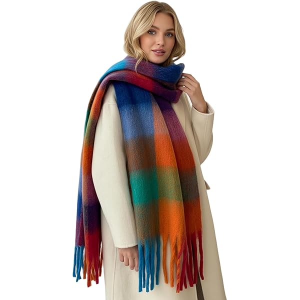 Large Chunky Winter Scarf for Women Colorful Plaid Cashmere Feel