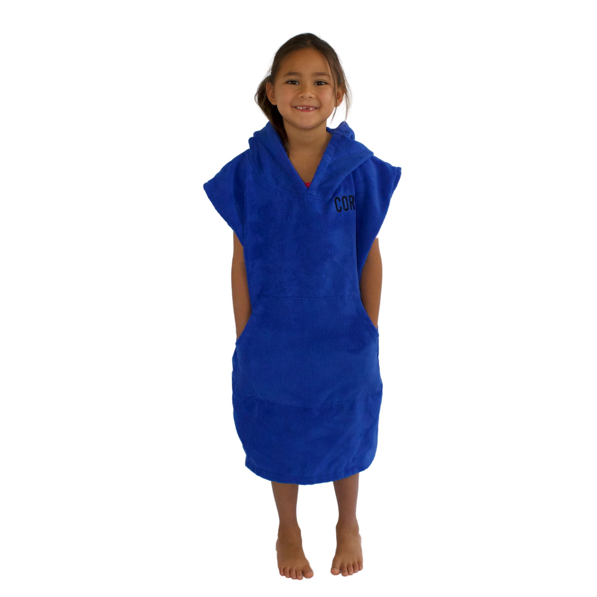 COR Surf Kids Changing Robe - Soft and Quick Dry Microfibre Swimming Robe, Hooded Towel with Pockets, Lightweight and Fade-Resistant, One Size Fits Most - For Kids Ages 3-8 Years - Dark Blue