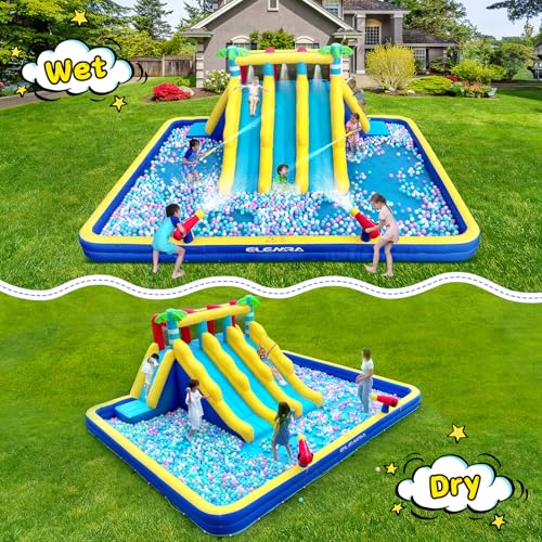 ELEMARA 20.66x16.4FT Inflatable Water Slide, 3 Extra-long Slides & Climbing Wall, Backyard Water Park with Double-layer Pool, 2 Water Cannons & Spraying Function, Includes 750W Air Blower for Big Kids
