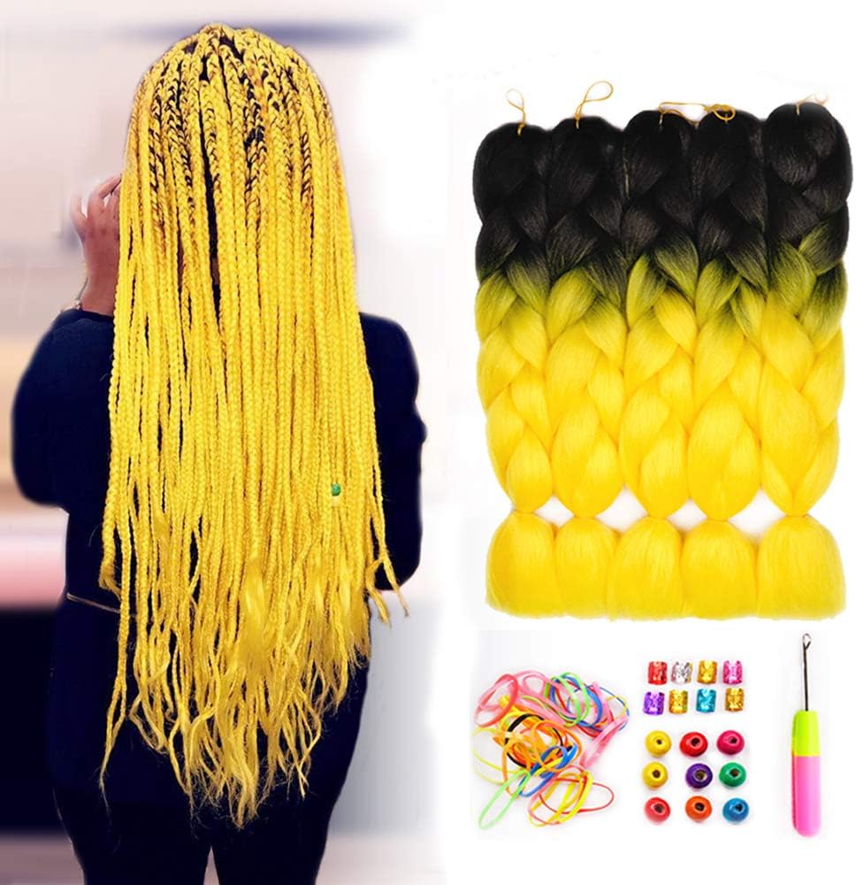 Ombre 100g/Pcs Synthetic Braiding Hair Extensions for Women Andromeda 5Pcs 24Inch Ombre Two Tone Soft Fiber Braiding Hair Extensions for Twist Crochet (Black-Yellow)