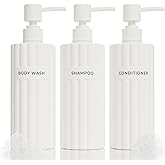 Stylish Shampoo and Conditioner Dispenser Set of 3 - Modern 19oz Shower Soap Bottles with Pump and Labels - Easy to Refill Body Wash Dispensers for an Instant Bathroom Decor Upgrade