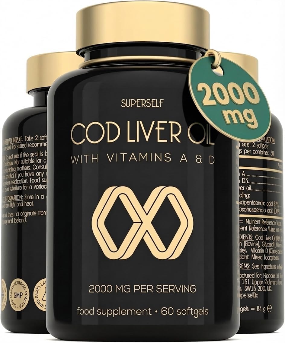 Cod Liver Oil Capsules High Strength 2000mg - Rich in EPA DHA Omega 3 & Vitamins D and A - 60 Softgel Tablets - 1000mg Arctic Cod Liver Oil per Capsule - Odourless & Burp-Free Fish Oil - UK Made