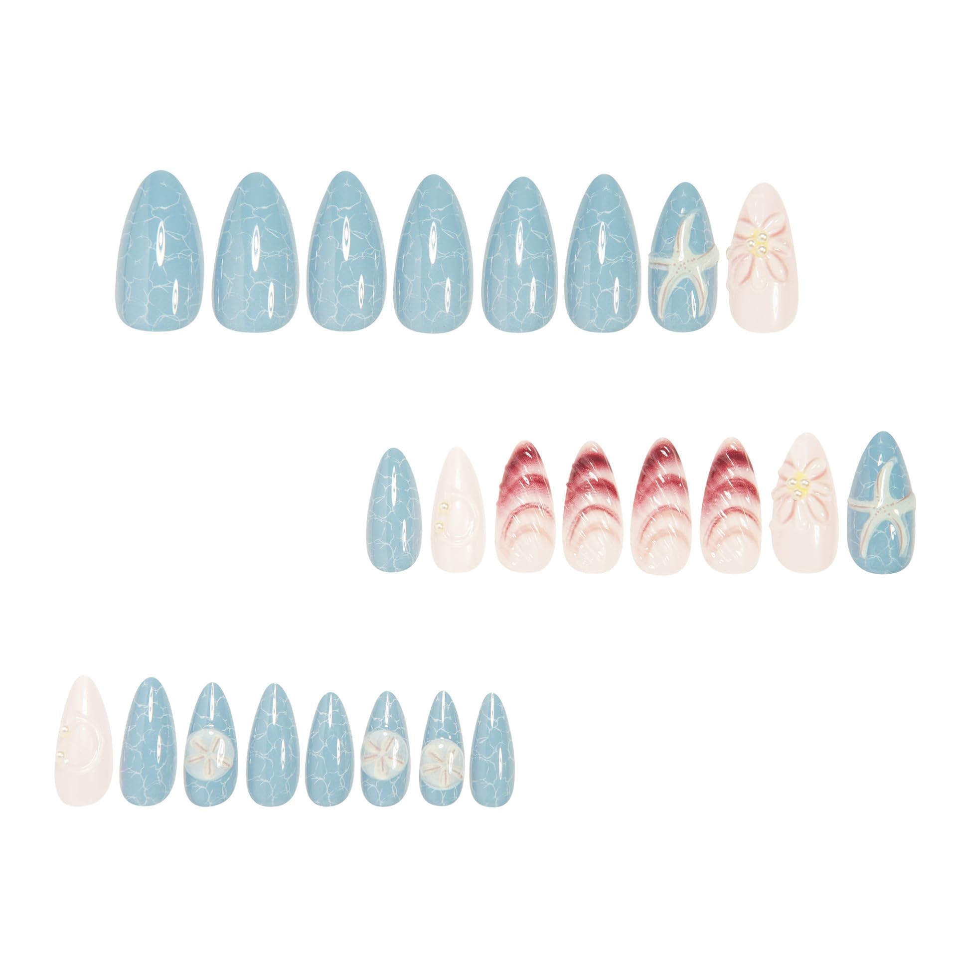 IMRAIN Almond Press on Nails Medium Fake Nails with Shell Design 3D Sea Star Blue False Nails Glossy Full Cover Acrylic Spring Summer Glue Stick on Nails for Women Girls DIY Manicure 24Pcs - Image 3
