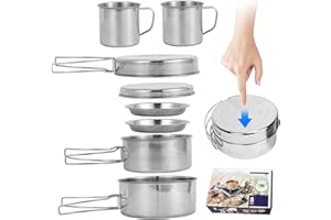 Camping Cooking Set 8PCS Stainless Steel Camping Cookware Portable Cooking Pot and Pan Set with Plates Cups for 5-6 Adults Ou