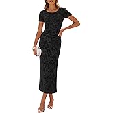 ZESICA Women's 2026 Summer Floral Bodycon Dress Short Sleeve Ruched Mesh Wedding Guest Cocktail Party Midi Dresses