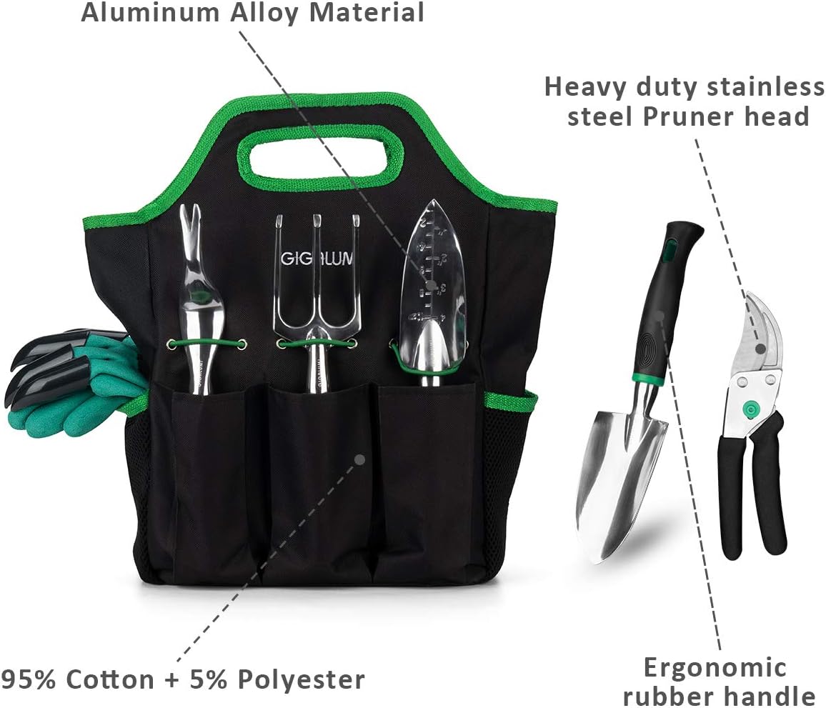 GIGALUMI Garden Tools Set -11 Piece Heavy Duty Gardening Tools Succulent Tools Set with Garden Gloves & Handbag - Aluminum Outdoor Hand Tools with Trowel Pruners and More - Gardening Gifts for Woman : Garden & Outdoor