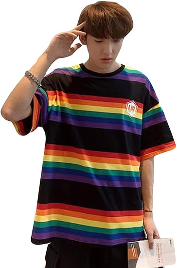 Amazon シジャァーノ メンズ トップス 半袖 夏 快適 Tシャツ メンズ 綿 シャツ コーディネート カラフルストライプ デート レーンボー アウトドア パーティー メンズ シルエット オシャレ Tシャツ Tシャツ カットソー 通販