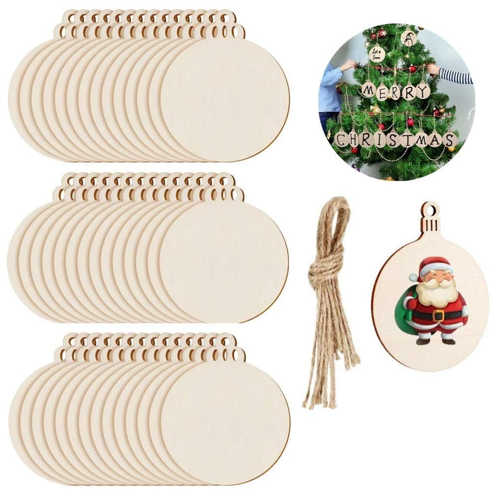 TOKERD 100 Pcs Wooden Baubles for Crafting Christmas Baubles Blanks Round Slices Blanks Wooden Christmas Tree Hanging Decorations Wood Disc Bauble with String for Xmas Decoration DIY Crafts